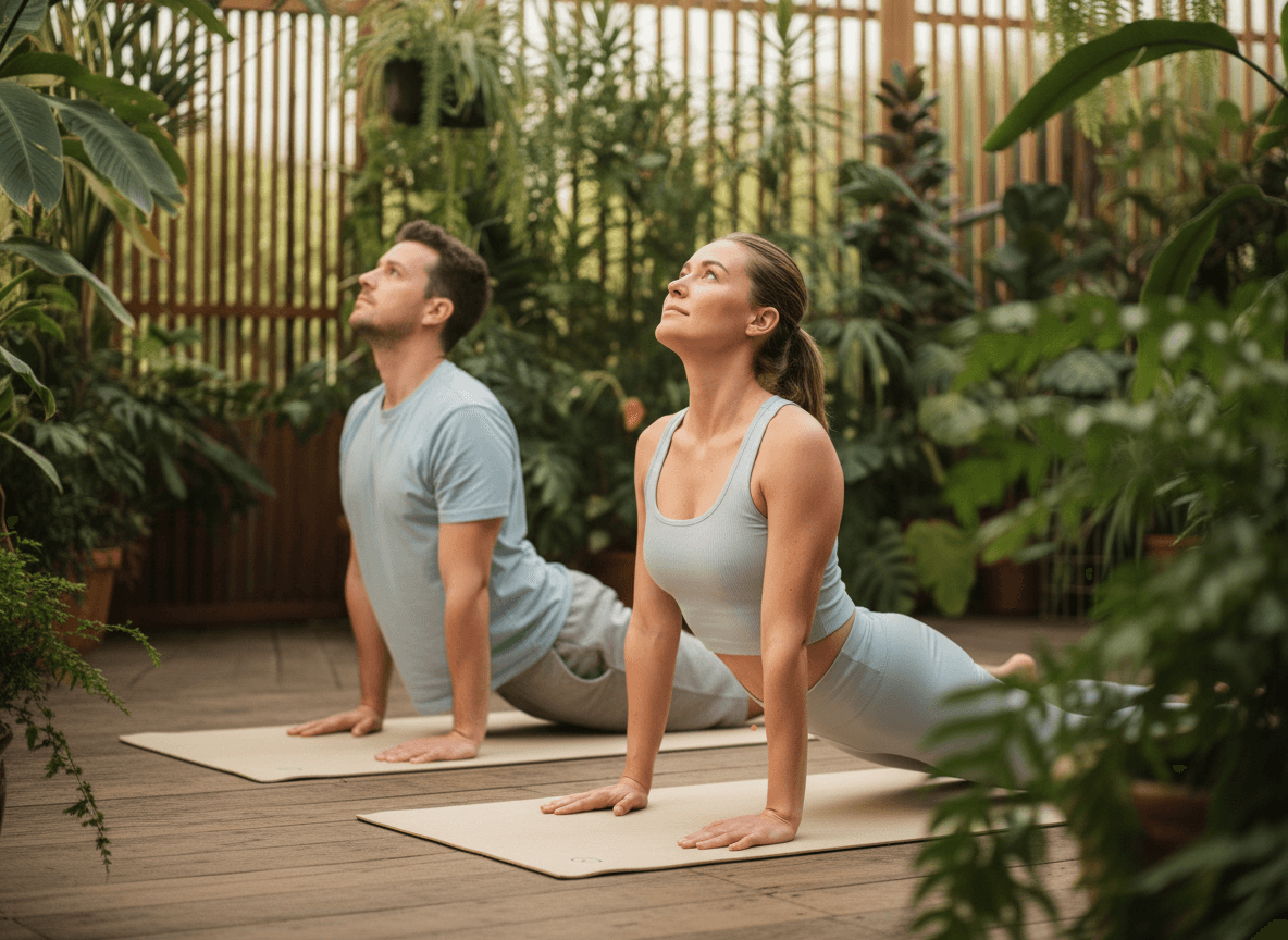 Couple practicing yoga in a garden surrounded by plants